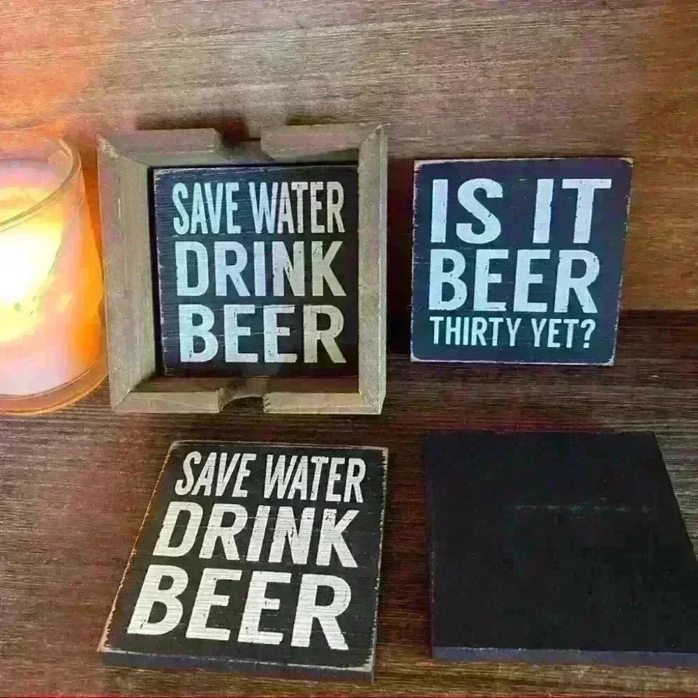 SAVE WATER DRINK BEER & IS IT BEER THIRTY YET? Set of 4 coasters and Cute Holder